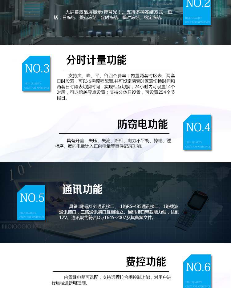 海興DDSI208單相電能表主要功能
　　計量功能
　　具有支持正反向有功、四象限無功電能、組合無功電能，支持正反向有功最大需量、四象限無功最大需量、組合無功最大需量，支持多費率計量。
　　分時計量功能
　　支持尖、峰、平、谷四個費率;內(nèi)置兩套時區(qū)表、兩套日時段表，可以按需編程配置,并可設定兩套時區(qū)表切換時間和兩套日時段表切換時間，實現(xiàn)相互切換;24小時內(nèi)可設置14個時段，可以跨越零點設置;支持公休日設置，可設置254個節(jié)假日。
　　測量功能
　　能測量電壓、電流、功率以及功率因數(shù)等電網(wǎng)參數(shù)，零線電流測量功能可選配。測量準確度高，可以達到1級以內(nèi)標準。
　　數(shù)據(jù)存儲功能
　　支持多種凍結方式，包括：日凍結、整點凍結、定時凍結、瞬時凍結、約定凍結。
　　事件記錄功能
　　分別記錄最近10次掉電、編程、校時、開表蓋、跳閘、合閘、事件清零、電表清零。
　　通信功能
　　具備1路遠紅外通訊接口、 1路RS-485通訊接口、1路載波通訊接口，三路通訊端口互相獨立。通訊接口帶載能力強，達到12V。通訊規(guī)約符合DL/T645-2007及其備案文件。
　　費控功能
　　內(nèi)置繼電器可選配，支持遠程拉合閘控制功能，對用戶進行遠程通斷電控制。
　　用戶交互界面
　　采用大屏幕液晶顯示，提供豐富的圖形或文字提示信息;顯示內(nèi)容可通過按鍵循環(huán)查詢，顯示項目可通過通信口按需配置;提供液晶背光，方便查看。支持停電喚醒功能，能通過按鍵或非接觸方式喚醒電能表，實現(xiàn)屏幕顯示抄讀電量和紅外通信口抄讀電量等數(shù)據(jù)。