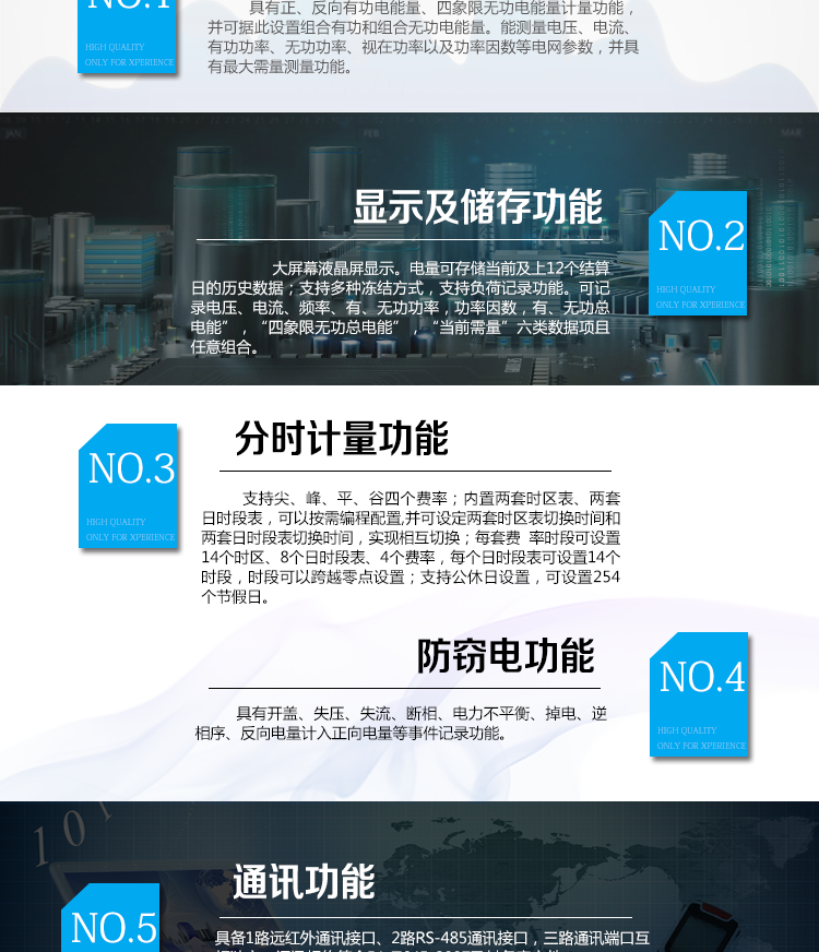 海興DTSD208三相四線電能表主要功能
　　計(jì)量功能
　　具有正、反向有功電能量、四象限無功電能量計(jì)量功能，并可據(jù)此設(shè)置組合有功和組合無功電能量
　　分時(shí)計(jì)量功能
　　支持尖、峰、平、谷四個(gè)費(fèi)率;內(nèi)置兩套時(shí)區(qū)表、兩套日時(shí)段表，可以按需編程配置,并可設(shè)定兩套時(shí)區(qū)表切換時(shí)間和兩套日時(shí)段表切換時(shí)間，實(shí)現(xiàn)相互切換;每套費(fèi)率時(shí)段可設(shè)置14個(gè)時(shí)區(qū)、8個(gè)日時(shí)段表、4個(gè)費(fèi)率(尖、峰、平、谷)，每個(gè)日時(shí)段表可設(shè)置14個(gè)時(shí)段，時(shí)段可以跨越零點(diǎn)設(shè)置;支持公休日設(shè)置，可設(shè)置254個(gè)節(jié)假日。
　　測(cè)量功能
　　能測(cè)量電壓、電流、有功功率、無功功率、視在功率以及功率因數(shù)等電網(wǎng)參數(shù)，并具有最大需量測(cè)量功能。測(cè)量準(zhǔn)確度高，可提供0.5S級(jí)、1.0級(jí)等不同計(jì)量精度供選擇。
　　數(shù)據(jù)存儲(chǔ)功能
　　電量可存儲(chǔ)當(dāng)前及上12個(gè)結(jié)算日的歷史數(shù)據(jù);支持多種凍結(jié)方式，包括：日凍結(jié)、整點(diǎn)凍結(jié)、定時(shí)凍結(jié)、瞬時(shí)凍結(jié)、約定凍結(jié)。支持負(fù)荷記錄功能?？捎涗洝半妷?、電流、頻率”，“有、無功功率”，“功率因數(shù)”，“有、無功總電能”，“四象限無功總電能”，“當(dāng)前需量”六類數(shù)據(jù)項(xiàng)且任意組合。負(fù)荷記錄間隔時(shí)間可以在1min～ 60min范圍內(nèi)設(shè)置。
　　事件記錄功能
　　分別記錄最近10次失壓、全失壓、斷相、失流、電壓逆相序、潮流反向、需量清零、編程、校時(shí)、開表蓋、停電、電量清零。
　　通信功能
　　具備1路遠(yuǎn)紅外通訊接口、2路RS-485通訊接口，三路通訊端口互相獨(dú)立。通訊規(guī)約符合DL/T645-2007及其備案文件。
　　電源管理
　　輔助電源供電電壓為(100～240)V交、直流自適應(yīng)。輔助電源可設(shè)置為PT供電方式優(yōu)先或輔助電源供電方式優(yōu)先。
　　用戶交互界面
　　采用大屏幕液晶顯示，提供豐富的圖形或文字提示信息;顯示內(nèi)容可通過按鍵循環(huán)查詢，顯示項(xiàng)目可通過通信口按需配置;提供液晶背光，方便查看。支持停電喚醒功能，能通過按鍵或非接觸方式喚醒電能表，實(shí)現(xiàn)屏幕顯示抄讀電量和紅外通信口抄讀電量等數(shù)據(jù)。