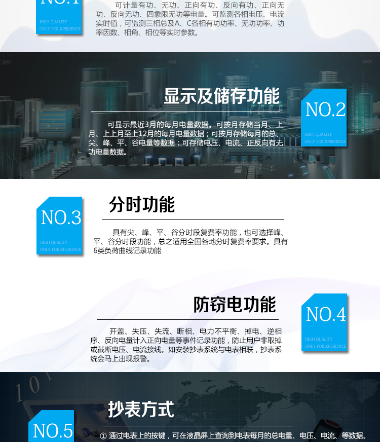 杭州百富華隆DSZ532三相三線智能電能表主要功能
　　電能計(jì)量功能
　　計(jì)量參數(shù)：可計(jì)量有功、無(wú)功、正向有功、反向有功、正向無(wú)功、反向無(wú)功、四象限無(wú)功等電量。
　　監(jiān)測(cè)參數(shù)：可監(jiān)測(cè)各相電壓、電流實(shí)時(shí)值，可監(jiān)測(cè)三相總及A、C各相有功功率、無(wú)功功率、功率因數(shù)、相角、相位等實(shí)時(shí)參數(shù)。
　　分時(shí)功能：具有尖、峰、平、谷分時(shí)段復(fù)費(fèi)率功能，也可選擇峰、平、谷分時(shí)段功能，總之適用全國(guó)各地分時(shí)復(fù)費(fèi)率要求。
　　數(shù)據(jù)存儲(chǔ)：可按月存儲(chǔ)當(dāng)月、上月、上上月至上12月的每月電量數(shù)據(jù);可按月存儲(chǔ)每月的總、尖、峰、平、谷電量等數(shù)據(jù);可存儲(chǔ)電壓、電流、正反向有無(wú)功電量數(shù)據(jù)。
　　具有6類負(fù)荷曲線記錄功能。
　　顯示功能：可顯示最近3月的每月電量數(shù)據(jù)。
　　防竊電功能
　　開蓋記錄功能，防止非法更改電路。
　　電壓合格率、失壓記錄功能，防止用戶非法取掉或截?cái)嚯妷航泳€，如已發(fā)生，可通過(guò)記錄的時(shí)間核算所損失的電量，為追補(bǔ)電量提供依據(jù)。
　　失流、斷相記錄功能，防止用戶非法短接電流接線，如已發(fā)生，可通過(guò)記錄的時(shí)間核算所損失的電量，為追補(bǔ)電量提供依據(jù)。
　　電流不平衡記錄：可警惕用戶在電表接線的前端截取電量。
　　掉電記錄功能，防止用戶非法取下電表的工作電源，如已發(fā)生，可通過(guò)記錄的時(shí)間核算所損失的電量，為追補(bǔ)電量提供依據(jù)。
　　反向電量計(jì)入正向電量，用戶如將電流線接反，電表照樣正向走字，不具有竊電作用。
　　逆相序報(bào)警，用戶非法接線，電表會(huì)報(bào)警，除非把線接正確，否則一直報(bào)警。
　　以上情況如發(fā)出，電表會(huì)出現(xiàn)報(bào)警標(biāo)志，如安裝抄表系統(tǒng)與電表相聯(lián)，抄表系統(tǒng)會(huì)馬上出現(xiàn)報(bào)警。