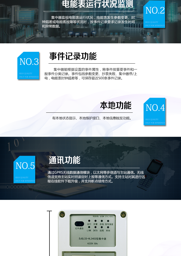 華立DJGL33-HL3403微型集中器主要功能
　　數(shù)據(jù)采集：能采集各電能表的實(shí)時(shí)電能示值、日零點(diǎn)凍結(jié)電能示值、抄表日零點(diǎn)凍結(jié)電能示值。帶有時(shí)標(biāo)。
　　數(shù)據(jù)管理和存儲(chǔ)：能按要求對(duì)采集數(shù)據(jù)進(jìn)行分類存儲(chǔ)，如日凍結(jié)數(shù)據(jù)、抄表日凍結(jié)數(shù)據(jù)、曲線數(shù)據(jù)、歷史月數(shù)據(jù)等。曲線凍結(jié)數(shù)據(jù)密度為1小時(shí)。集中器抄表數(shù)量最大為192只。集中器存儲(chǔ)容量為32M。
　　電能表運(yùn)行狀況監(jiān)測(cè)：集中器監(jiān)視電能表運(yùn)行狀況，電能表發(fā)生參數(shù)變更、時(shí)鐘超差或電能表故障等狀況時(shí)，按事件記錄要求記錄發(fā)生時(shí)間和異常數(shù)據(jù)。
　　參數(shù)設(shè)置和查詢功能：可主站遠(yuǎn)程或手持設(shè)備本地設(shè)置和查詢檔案、通信參數(shù)等，
　　事件記錄：集中器能根據(jù)設(shè)置的事件屬性，將事件按重要事件和一般事件分類記錄。事件包括參數(shù)變更、抄表失敗、集中器停/上電，電能表時(shí)鐘超差等，可保存最近500條事件記錄。
　　本地功能：有本地狀態(tài)指示、本地維護(hù)接口、本地信息觸發(fā)功能
　　通訊功能：通過(guò)GPRS無(wú)線數(shù)據(jù)通信模塊，以太網(wǎng)等多信道與主站通信。無(wú)線信道支持主站實(shí)時(shí)招讀、定時(shí)上報(bào)等通信方式。支持主站對(duì)其進(jìn)行遠(yuǎn)程在線軟件下載升級(jí)，并支持?jǐn)帱c(diǎn)續(xù)傳方式。