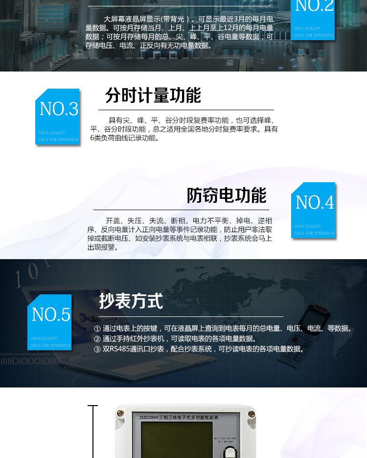 2、防竊電功能
①&nbsp;開蓋記錄功能，防止非法更改電路。
②&nbsp;電壓合格率、失壓記錄功能，防止用戶非法取掉或截?cái)嚯妷航泳€，如已發(fā)生，可通過記錄的時(shí)間核算所損失的電量，為追補(bǔ)電量提供依據(jù)。
③&nbsp;失流、斷相記錄功能，防止用戶非法短接電流接線，如已發(fā)生，可通過記錄的時(shí)間核算所損失的電量，為追補(bǔ)電量提供依據(jù)。
④&nbsp;電流不平衡記錄：可警惕用戶在電表接線的前端截取電量。
⑤&nbsp;掉電記錄功能，防止用戶非法取下電表的工作電源，如已發(fā)生，可通過記錄的時(shí)間核算所損失的電量，為追補(bǔ)電量提供依據(jù)。
⑥&nbsp;反向電量計(jì)入正向電量，用戶如將電流線接反，電表照樣正向走字，不具有竊電作用。
⑦&nbsp;逆相序報(bào)警，用戶非法接線，電表會報(bào)警，除非把線接正確，否則一直報(bào)警。
以上情況如發(fā)出，電表會出現(xiàn)報(bào)警標(biāo)志，如安裝抄表系統(tǒng)與電表相聯(lián)，抄表系統(tǒng)會馬上出現(xiàn)報(bào)警。