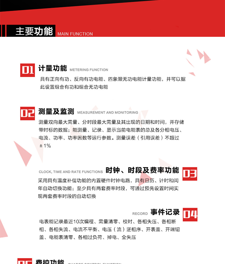 主要功能
1. 電能計量
具有正向有功、反向有功電能、四象限無功電能計量功能，并可以據(jù)此設(shè)置組合有功和組合無功電能。
2. 需量計量
測量雙向最大需量、分時段最大需量及其出現(xiàn)的日期和時間，并存儲帶時標(biāo)的數(shù)據(jù)。
3. 測量及監(jiān)測
能測量、記錄、顯示當(dāng)前電能表的總及各分相電壓、電流、功率、功率因數(shù)等運(yùn)行參數(shù)。測量誤差（引用誤差）不超過±1%。
4. 時鐘、時段及費(fèi)率功能
采用具有溫度補(bǔ)償功能的內(nèi)置硬件時鐘電路，具有日歷、計時和閏年自動切換功能。內(nèi)部時鐘端子輸出頻率為1Hz。至少具有兩套費(fèi)率時段，可通過預(yù)先設(shè)置時間實現(xiàn)兩套費(fèi)率時段的自動切換。每套費(fèi)率時段全年至少可設(shè)置2個時區(qū)，24小時內(nèi)至少可以設(shè)置8個時段，時段最小間隔為15分鐘，并且時段間隔大于表內(nèi)設(shè)定的需量周期值，時段可跨越零點設(shè)置。
5. 費(fèi)控功能 
電能表費(fèi)控功能的實現(xiàn)方式通過CPU卡等固態(tài)介質(zhì)實現(xiàn)。具有兩套階梯電價計費(fèi)方式，并可在設(shè)置時間點啟用另一套階梯電價計費(fèi)。
6. 無線通信
通過無線通信與主站通信。支持在安全認(rèn)證前提下，通過無線網(wǎng)絡(luò)信道修改費(fèi)率時段表及電價。
7. 事件記錄
電表能記錄最近10次編程、需量清零、校時、各相失壓、各相斷相、各相失流、電流不平衡、電壓（流）逆相序、開表蓋、開端鈕蓋、電能表清零、各相過負(fù)荷、掉電、全失壓。
8. 凍結(jié)
具有定時凍結(jié)、瞬時凍結(jié)、約定凍結(jié)和日凍結(jié)功能。
9.　負(fù)荷記錄
記錄正反向有功總電能、無功總電能、四象限無功總電能、組合有功、組合無功1、組合無功2，負(fù)荷記錄間隔時間可以在1～60min范圍內(nèi)設(shè)置，時間間隔為1min的情況下可記錄不少于40天的數(shù)據(jù)容量。
10. 停電抄表
在停電狀態(tài)下，能通過按鍵或非接觸方式喚醒電能表，抄讀電能量等數(shù)據(jù)。
11. 擴(kuò)展功能
計量視在電能、諧波電壓、電流、電量的監(jiān)測、電能質(zhì)量監(jiān)測和計算鐵損、銅損。 