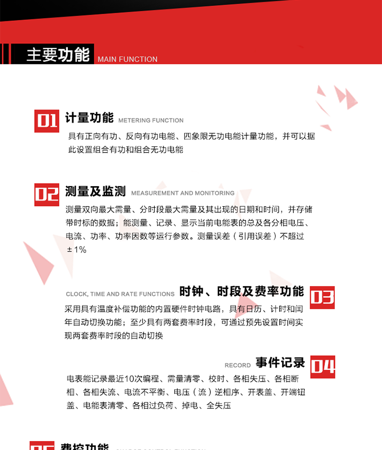 主要功能
1. 　電能計(jì)量
具有正向有功、反向有功電能、四象限無功電能計(jì)量功能，并可以據(jù)此設(shè)置組合有功和組合無功電能。
2. 　需量計(jì)量
測量雙向最大需量、分時(shí)段最大需量及其出現(xiàn)的日期和時(shí)間，并存儲帶時(shí)標(biāo)的數(shù)據(jù)。
3. 　測量及監(jiān)測
能測量、記錄、顯示當(dāng)前電能表的總及各分相電壓、電流、功率、功率因數(shù)等運(yùn)行參數(shù)。測量誤差（引用誤差）不超過±1%。
4. 　時(shí)鐘、時(shí)段及費(fèi)率功能
采用具有溫度補(bǔ)償功能的內(nèi)置硬件時(shí)鐘電路，具有日歷、計(jì)時(shí)和閏年自動(dòng)切換功能。內(nèi)部時(shí)鐘端子輸出頻率為1Hz。至少具有兩套費(fèi)率時(shí)段，可通過預(yù)先設(shè)置時(shí)間實(shí)現(xiàn)兩套費(fèi)率時(shí)段的自動(dòng)切換。每套費(fèi)率時(shí)段全年至少可設(shè)置2個(gè)時(shí)區(qū)，24小時(shí)內(nèi)至少可以設(shè)置8個(gè)時(shí)段，時(shí)段最小間隔為15分鐘，并且時(shí)段間隔大于表內(nèi)設(shè)定的需量周期值，時(shí)段可跨越零點(diǎn)設(shè)置。
5. 　費(fèi)控功能 
電能表費(fèi)控功能的實(shí)現(xiàn)方式通過公網(wǎng)等虛擬介質(zhì)和遠(yuǎn)程售電系統(tǒng)實(shí)現(xiàn)。
6. 　無線通信
通過無線通信與主站通信。支持在安全認(rèn)證前提下，通過無線網(wǎng)絡(luò)信道修改費(fèi)率時(shí)段表及電價(jià)。
7. 　事件記錄
電表能記錄最近10次編程、需量清零、校時(shí)、各相失壓、各相斷相、各相失流、電流不平衡、電壓（流）逆相序、開表蓋、開端鈕蓋、電能表清零、各相過負(fù)荷、掉電、全失壓。
8. 　凍結(jié)
具有定時(shí)凍結(jié)、瞬時(shí)凍結(jié)、約定凍結(jié)和日凍結(jié)功能。
9.　 負(fù)荷記錄
記錄正反向有功總電能、無功總電能、四象限無功總電能、組合有功、組合無功1、組合無功2，負(fù)荷記錄間隔時(shí)間可以在1～60min范圍內(nèi)設(shè)置，時(shí)間間隔為1min的情況下可記錄不少于40天的數(shù)據(jù)容量。
10. 　停電抄表
在停電狀態(tài)下，能通過按鍵或非接觸方式喚醒電能表，抄讀電能量等數(shù)據(jù)。
11. 擴(kuò)展功能
計(jì)量視在電能、諧波電壓、電流、電量的監(jiān)測、電能質(zhì)量監(jiān)測和計(jì)算鐵損、銅損。 