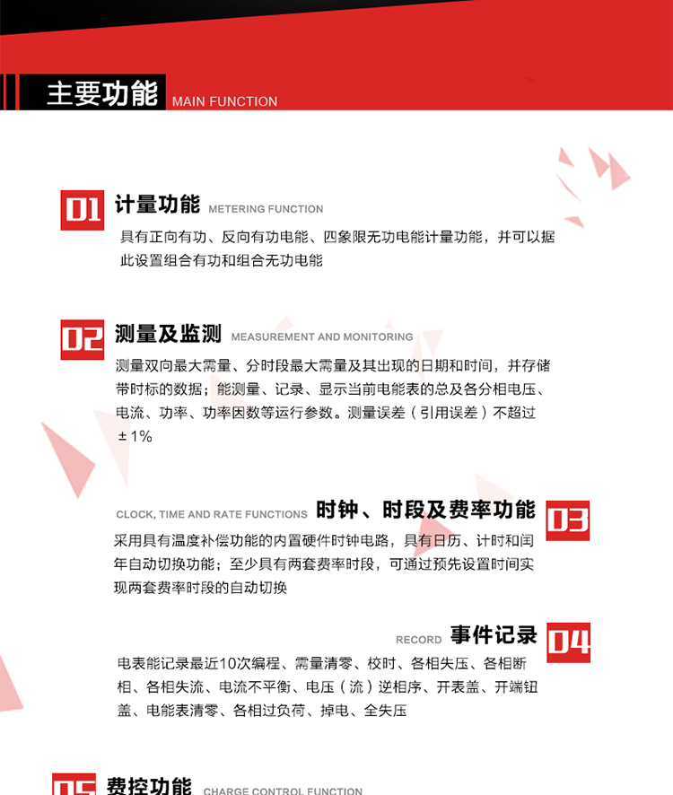 主要功能
1. 　電能計(jì)量
具有正向有功、反向有功電能、四象限無(wú)功電能計(jì)量功能，并可以據(jù)此設(shè)置組合有功和組合無(wú)功電能。
2. 　需量計(jì)量
測(cè)量雙向最大需量、分時(shí)段最大需量及其出現(xiàn)的日期和時(shí)間，并存儲(chǔ)帶時(shí)標(biāo)的數(shù)據(jù)。
3. 　測(cè)量及監(jiān)測(cè)
能測(cè)量、記錄、顯示當(dāng)前電能表的總及各分相電壓、電流、功率、功率因數(shù)等運(yùn)行參數(shù)。測(cè)量誤差（引用誤差）不超過(guò)±1%。
4. 　時(shí)鐘、時(shí)段及費(fèi)率功能
采用具有溫度補(bǔ)償功能的內(nèi)置硬件時(shí)鐘電路，具有日歷、計(jì)時(shí)和閏年自動(dòng)切換功能。內(nèi)部時(shí)鐘端子輸出頻率為1Hz。至少具有兩套費(fèi)率時(shí)段，可通過(guò)預(yù)先設(shè)置時(shí)間實(shí)現(xiàn)兩套費(fèi)率時(shí)段的自動(dòng)切換。每套費(fèi)率時(shí)段全年至少可設(shè)置2個(gè)時(shí)區(qū)，24小時(shí)內(nèi)至少可以設(shè)置8個(gè)時(shí)段，時(shí)段最小間隔為15分鐘，并且時(shí)段間隔大于表內(nèi)設(shè)定的需量周期值，時(shí)段可跨越零點(diǎn)設(shè)置。
5. 　費(fèi)控功能 
電能表費(fèi)控功能的實(shí)現(xiàn)方式通過(guò)公網(wǎng)等虛擬介質(zhì)和遠(yuǎn)程售電系統(tǒng)實(shí)現(xiàn)。
6. 　無(wú)線通信
通過(guò)無(wú)線通信與主站通信。支持在安全認(rèn)證前提下，通過(guò)無(wú)線網(wǎng)絡(luò)信道修改費(fèi)率時(shí)段表及電價(jià)。
7. 　事件記錄
電表能記錄最近10次編程、需量清零、校時(shí)、各相失壓、各相斷相、各相失流、電流不平衡、電壓（流）逆相序、開表蓋、開端鈕蓋、電能表清零、各相過(guò)負(fù)荷、掉電、全失壓。
8. 　凍結(jié)
具有定時(shí)凍結(jié)、瞬時(shí)凍結(jié)、約定凍結(jié)和日凍結(jié)功能。
9.　 負(fù)荷記錄
記錄正反向有功總電能、無(wú)功總電能、四象限無(wú)功總電能、組合有功、組合無(wú)功1、組合無(wú)功2，負(fù)荷記錄間隔時(shí)間可以在1～60min范圍內(nèi)設(shè)置，時(shí)間間隔為1min的情況下可記錄不少于40天的數(shù)據(jù)容量。
10. 　停電抄表
在停電狀態(tài)下，能通過(guò)按鍵或非接觸方式喚醒電能表，抄讀電能量等數(shù)據(jù)。
11. 擴(kuò)展功能
計(jì)量視在電能、諧波電壓、電流、電量的監(jiān)測(cè)、電能質(zhì)量監(jiān)測(cè)和計(jì)算鐵損、銅損。 