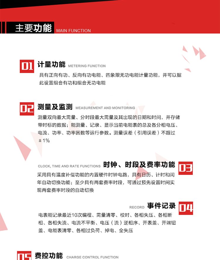 主要功能
1. 　電能計(jì)量
具有正向有功、反向有功電能、四象限無功電能計(jì)量功能，并可以據(jù)此設(shè)置組合有功和組合無功電能。
2. 　需量計(jì)量
測量雙向最大需量、分時(shí)段最大需量及其出現(xiàn)的日期和時(shí)間，并存儲(chǔ)帶時(shí)標(biāo)的數(shù)據(jù)。
3. 　測量及監(jiān)測
能測量、記錄、顯示當(dāng)前電能表的總及各分相電壓、電流、功率、功率因數(shù)等運(yùn)行參數(shù)。測量誤差（引用誤差）不超過±1%。
4. 　時(shí)鐘、時(shí)段及費(fèi)率功能
采用具有溫度補(bǔ)償功能的內(nèi)置硬件時(shí)鐘電路，具有日歷、計(jì)時(shí)和閏年自動(dòng)切換功能。內(nèi)部時(shí)鐘端子輸出頻率為1Hz。至少具有兩套費(fèi)率時(shí)段，可通過預(yù)先設(shè)置時(shí)間實(shí)現(xiàn)兩套費(fèi)率時(shí)段的自動(dòng)切換。每套費(fèi)率時(shí)段全年至少可設(shè)置2個(gè)時(shí)區(qū)，24小時(shí)內(nèi)至少可以設(shè)置8個(gè)時(shí)段，時(shí)段最小間隔為15分鐘，并且時(shí)段間隔大于表內(nèi)設(shè)定的需量周期值，時(shí)段可跨越零點(diǎn)設(shè)置。
5. 　費(fèi)控功能 
電能表費(fèi)控功能的實(shí)現(xiàn)方式通過公網(wǎng)等虛擬介質(zhì)和遠(yuǎn)程售電系統(tǒng)實(shí)現(xiàn)。
6. 　 載波通信
在載波集中器和主站系統(tǒng)的配合下，可通過載波，按設(shè)定的采集方案定時(shí)數(shù)據(jù)采集，并可實(shí)時(shí)監(jiān)測電表運(yùn)行狀態(tài)。
7. 　事件記錄
電表能記錄最近10次編程、需量清零、校時(shí)、各相失壓、各相斷相、各相失流、電流不平衡、電壓（流）逆相序、開表蓋、開端鈕蓋、電能表清零、各相過負(fù)荷、掉電、全失壓。
8. 　凍結(jié)
具有定時(shí)凍結(jié)、瞬時(shí)凍結(jié)、約定凍結(jié)和日凍結(jié)功能。
9.　 負(fù)荷記錄
記錄正反向有功總電能、無功總電能、四象限無功總電能、組合有功、組合無功1、組合無功2，負(fù)荷記錄間隔時(shí)間可以在1～60min范圍內(nèi)設(shè)置，時(shí)間間隔為1min的情況下可記錄不少于40天的數(shù)據(jù)容量。
10. 　停電抄表
在停電狀態(tài)下，能通過按鍵或非接觸方式喚醒電能表，抄讀電能量等數(shù)據(jù)。
11. 擴(kuò)展功能
計(jì)量視在電能、諧波電壓、電流、電量的監(jiān)測、電能質(zhì)量監(jiān)測和計(jì)算鐵損、銅損。 
