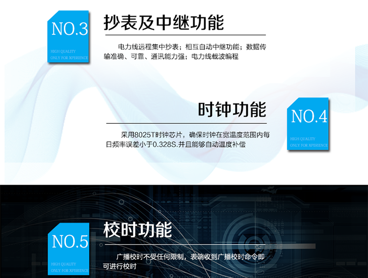 主要特點
1、有功電能計量精確，長期工作不需調(diào)校
2、電力線遠程集中抄表
3、相互自動中繼功能
4、數(shù)據(jù)傳輸準確、可靠、通訊能力強
5、電力線載波編程
6、采用8025T時鐘芯片，確保時鐘在寬溫度范圍內(nèi)每日頻率誤差小于0.328S.并且能夠自動溫度補償。
7、廣播校時不受任何限制，表端收到廣播校時命令即可進行校時
8、月凍結：按照指定的時間凍結正向總電量，每個凍結量至少保存12次