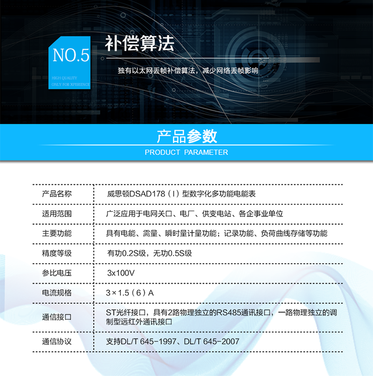 技術(shù)指標(biāo)
技術(shù)參數(shù)項目	項目內(nèi)容
技術(shù)標(biāo)準(zhǔn)	GB/T&nbsp;17215.322-2008&nbsp;&nbsp;GB/T&nbsp;17215.323-2008&nbsp;&nbsp;DL/T&nbsp;614-2007
Q/GDW&nbsp;357-2009&nbsp;&nbsp;Q/GDW&nbsp;358-2009
通訊接口	與過程層通訊接口（可根據(jù)用戶要求定制）：
ST光纖接口，多模，波長1300nm，100Mbps
&nbsp;	與站控層或電量采集器通訊接口：
具有2路物理獨(dú)立的RS485通訊接口。
&nbsp;	本地維護(hù)通訊接口：
具有一路物理獨(dú)立的調(diào)制型遠(yuǎn)紅外通訊接口。
通訊協(xié)議	與過程層通訊協(xié)議：
支持IEC61850-9-1、IEC61850-9-2、IEC61850-9-2LE、GMRP標(biāo)準(zhǔn)
&nbsp;	與站控層或電量采集器通訊協(xié)議：
支持DL/T&nbsp;645-1997、DL/T&nbsp;645-2007
&nbsp;	本地維護(hù)通訊協(xié)議：
支持DL/T&nbsp;645-2007
工作電源	雙路冗余外接電源供電，可任意接入一路或同時接入兩路。
兩路電源均為交直流自適應(yīng)，電源輸入范圍為85V～265V。
采樣速率	支持4～12.8kHz采樣
整機(jī)功耗	<10VA
工作溫度	-25℃～+55℃
相對濕度	≤95%(無凝露)
時鐘誤差	≤0.5s/d（23℃）
負(fù)荷曲線存儲容量	4Mbytes