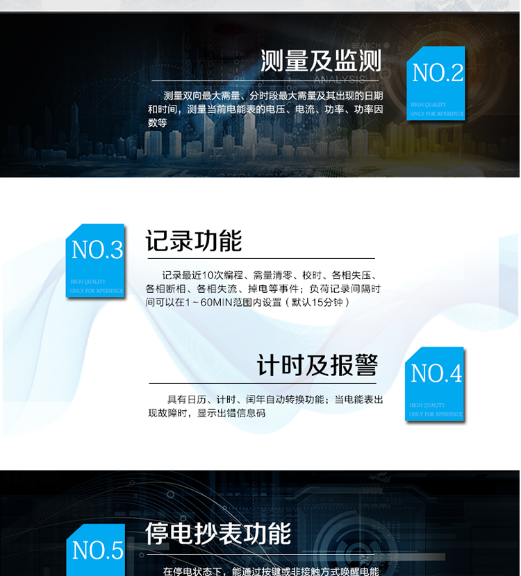 產(chǎn)品特點
采用專利技術(shù)開關(guān)電源供電，寬電壓工作范圍
采用獨有的抗浪涌措施，防雷性能強
功耗低，整機功耗<=1W、2VA，溫升低，整機壽命長
抗過壓能力強，避免接錯線或弄錯電壓等級而損壞電表，且能支持高過載倍數(shù)
板間無接插件，連接可靠；主機經(jīng)過三防處理，能適應(yīng)復(fù)雜氣候，提高了整機壽命和平均無故障工作時間
采用雙物理器件存儲參數(shù)、計費電能數(shù)據(jù)；每個物理器件內(nèi)數(shù)據(jù)保存三份，確保在強干擾環(huán)境中參數(shù)和計費數(shù)據(jù)完整、可靠
接口功能豐富：可提供雙路RS485接口，雙路負(fù)荷報警接口，四路電能脈沖輸出，一路時鐘脈沖輸出，停電抄表輸入
豐富的軟件模塊，功能擴展方便，可擴展電壓及功率因數(shù)合格率等電能質(zhì)量數(shù)據(jù)、可存儲半年以上的大容量負(fù)荷曲線數(shù)據(jù)等
采用模塊化設(shè)計，GPRS/CDMA模塊與計量模塊獨立，安裝方便，可后期擴充
采用業(yè)內(nèi)先進(jìn)的GPRS/CDMA模塊，可快速安全的實現(xiàn)數(shù)據(jù)連接，永久在線
可以當(dāng)?shù)?遠(yuǎn)方修改參數(shù)，并且支持當(dāng)?shù)?遠(yuǎn)方軟件在線升級
支持GPRS、CSD、SMS、CDMA等通訊方式，并支持VPN虛擬專網(wǎng)及公網(wǎng)等多種組網(wǎng)模式
采用超級電容和鋰電池兩種停電后備方式，保證停電報警功能可靠
綜合防竊電功能：
&nbsp;&nbsp;&nbsp;&nbsp;硬件方面：采用防竊電外殼，并有相應(yīng)的施封點，用電戶在不破壞鉛封的前提下，無法改動電壓電流線，也無法對編程按鍵操作來改動電表參數(shù)
&nbsp;&nbsp;&nbsp;&nbsp;軟件方面：三級密碼防護(hù)
在線實時監(jiān)測，并通過用電異常信息的記錄及主動上傳（通過GPRS/CDMA網(wǎng)絡(luò)上傳失壓、斷相、掉電/上電、過壓等異常事件）進(jìn)行防竊電報警
電表自檢信息記錄及上報（硬件故障、時鐘故障、電池電壓低等）