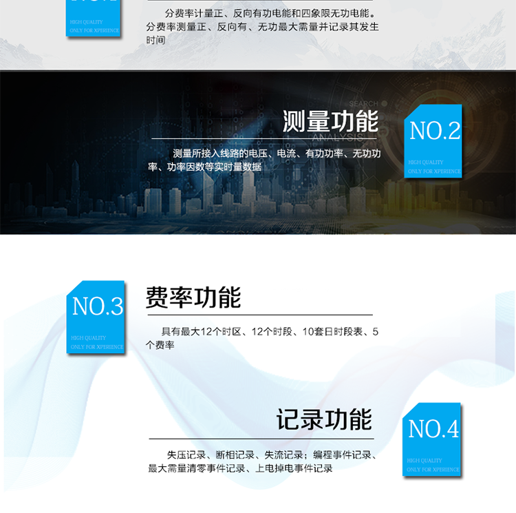 主要功能
電能計(jì)量功能
具有正、反向有功,&nbsp;無(wú)功四象限電能計(jì)量功能；
具有分時(shí)計(jì)量功能；具有計(jì)量分相有功電能量功能。
需量測(cè)量功能
有功需量測(cè)量、無(wú)功需量測(cè)量、結(jié)算日需量
實(shí)時(shí)量測(cè)量功能
測(cè)量、記錄、顯示當(dāng)前電能表的總及各分相電壓、電流、功率、功率因數(shù)、頻率、表內(nèi)溫度等運(yùn)行參數(shù)。
提供越限監(jiān)測(cè)功能。
時(shí)鐘功能
采用具有溫度補(bǔ)償功能的內(nèi)置硬件時(shí)鐘電路，具有日歷、計(jì)時(shí)和閏年自動(dòng)切換功能。
費(fèi)率、時(shí)段功能
事件記錄功能
凍結(jié)功能
定時(shí)凍結(jié)、瞬時(shí)凍結(jié)、約定凍結(jié)、日凍結(jié)、整點(diǎn)凍結(jié)
負(fù)荷記錄功能
電壓合格率統(tǒng)計(jì)功能
可記錄12個(gè)月的電壓統(tǒng)計(jì)數(shù)據(jù)。
報(bào)警功能
光報(bào)警、聲報(bào)警、LCD顯示報(bào)警
安全防護(hù)功能
密碼防護(hù)、編程開(kāi)關(guān)防護(hù)
通訊功能
至少具有一個(gè)紅外通信接口、兩個(gè)RS485通信接口。
校時(shí)功能
可通過(guò)RS485、紅外等通信接口對(duì)電能表校時(shí)。
電表清零功能
停電抄表功能
在停電狀態(tài)下，能通過(guò)按鍵或非接觸方式喚醒電能表，實(shí)現(xiàn)屏幕顯示抄讀電量和紅外通信口抄讀到當(dāng)前電量和最近一次結(jié)算電量等數(shù)據(jù)。
輔助電源*（可選項(xiàng)）
保電功能*（可選項(xiàng)）
遠(yuǎn)程保電功能、自保電功能